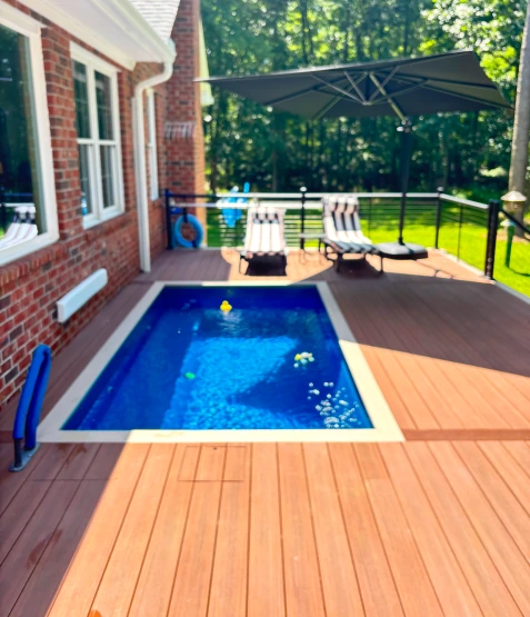 Compact backyard plunge pool with wood deck and lounge chairs